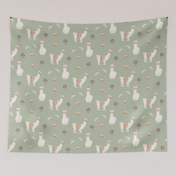 Item preview, Cute Watercolor Llamas Cacti and Sombreros Sage Green Fiesta Pattern designed and sold by svitlaarty.