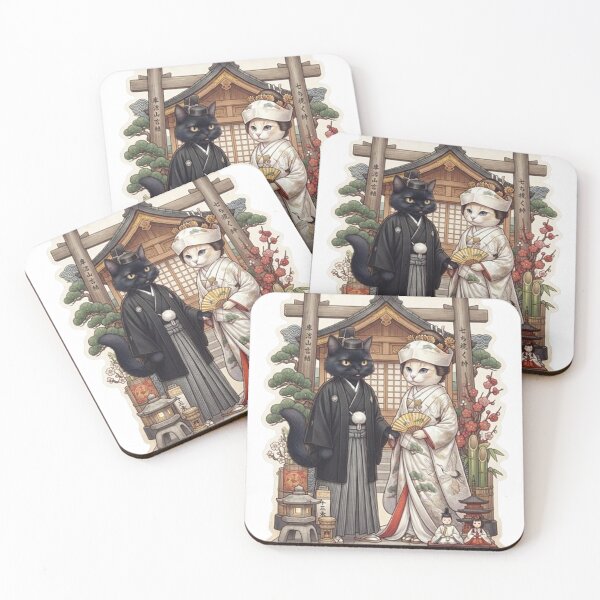 Item preview, Traditional Japanese Wedding Cats - Cute Shinto Feline Couple Art 2 designed and sold by PetalsPaws.