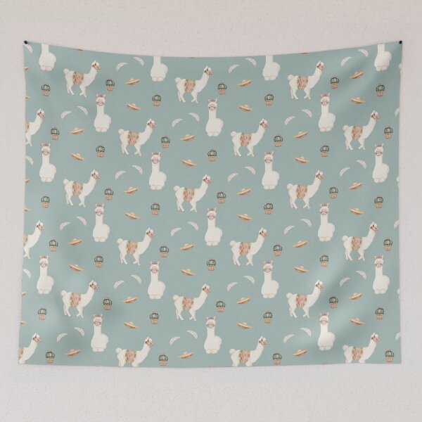 Item preview, Cute Watercolor Llamas Cacti and Sombreros Slate Blue Fiesta Pattern designed and sold by svitlaarty.