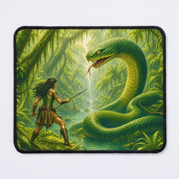 Item preview, Warrior Stares Down Giant Emerald Snake designed and sold by TinCatOutPost.