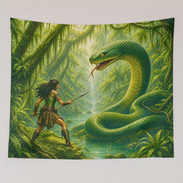Item preview, Warrior Stares Down Giant Emerald Snake designed and sold by TinCatOutPost.