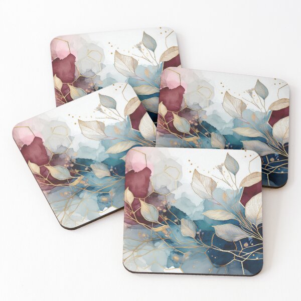 Item preview, Purple and navy blue and gold leaf pattern highlights watercolor botanical painting abstract alcohol ink effect  designed and sold by navitalidesign.