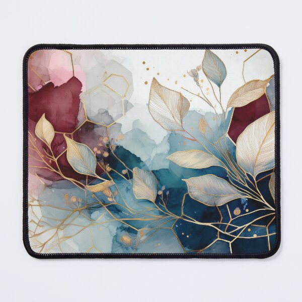 Item preview, Purple and navy blue and gold leaf pattern highlights watercolor botanical painting abstract alcohol ink effect designed and sold by navitalidesign.