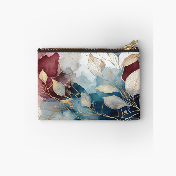 Item preview, Purple and navy blue and gold leaf pattern highlights watercolor botanical painting abstract alcohol ink effect  designed and sold by navitalidesign.