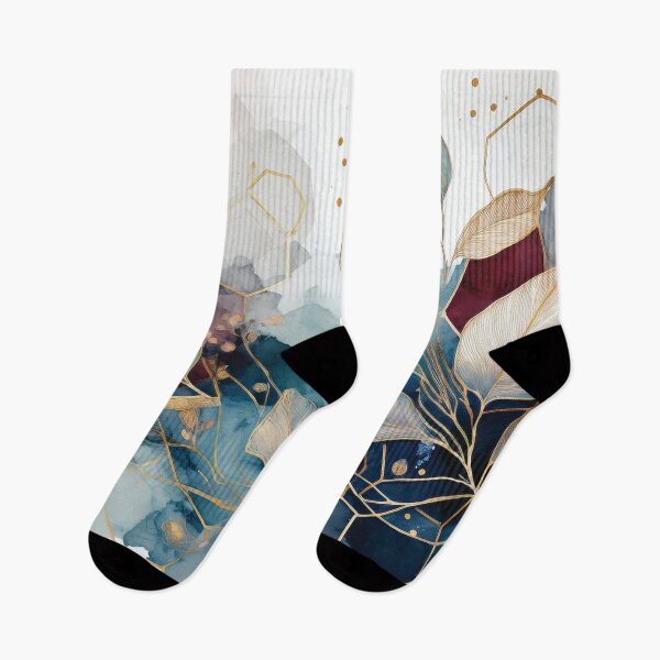 Item preview, Purple and navy blue and gold leaf pattern highlights watercolor botanical painting abstract alcohol ink effect  designed and sold by navitalidesign.