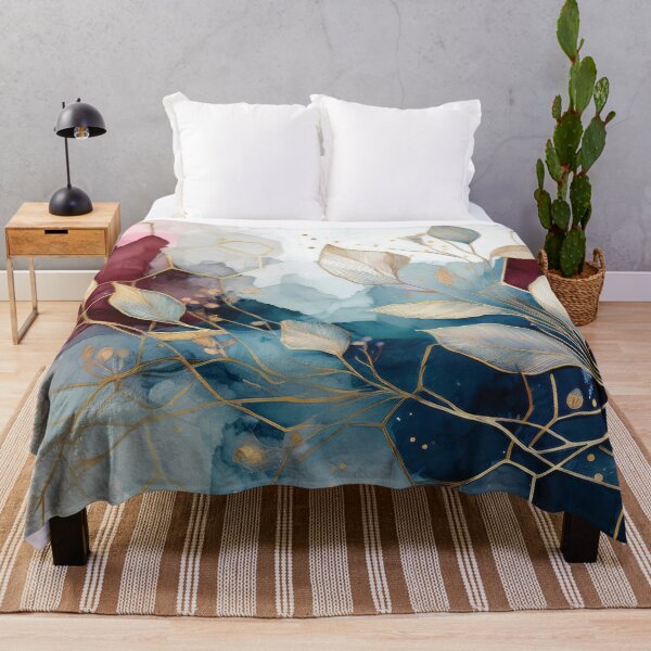Item preview, Purple and navy blue and gold leaf pattern highlights watercolor botanical painting abstract alcohol ink effect designed and sold by navitalidesign.
