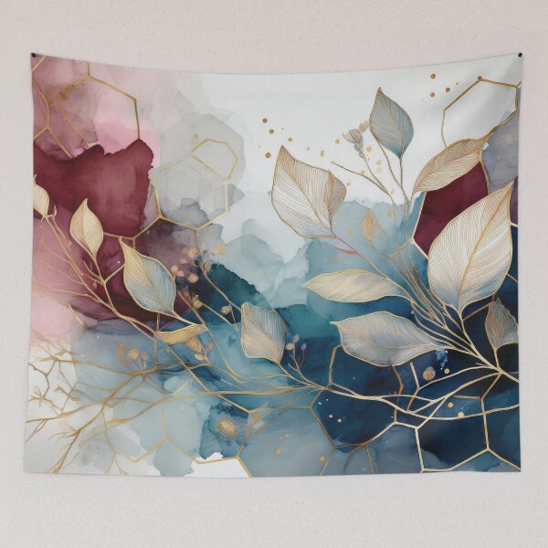 Item preview, Purple and navy blue and gold leaf pattern highlights watercolor botanical painting abstract alcohol ink effect  designed and sold by navitalidesign.