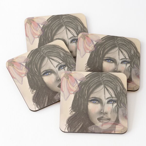 Item preview, Blue-Eyed Woman with Magnolia Flower – Hand Drawn designed and sold by LorieFossaArt.