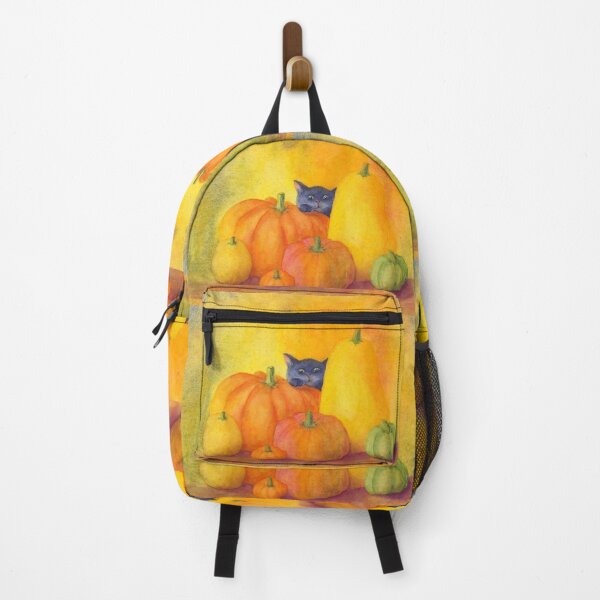 Item preview, Black cat peeking out from behind pumpkins, watercolor painting designed and sold by KarenKaspar.