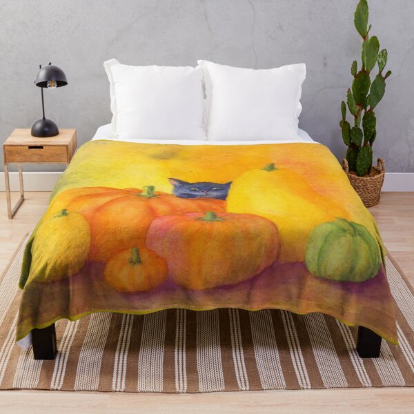 Item preview, Black cat peeking out from behind pumpkins, watercolor painting designed and sold by KarenKaspar.