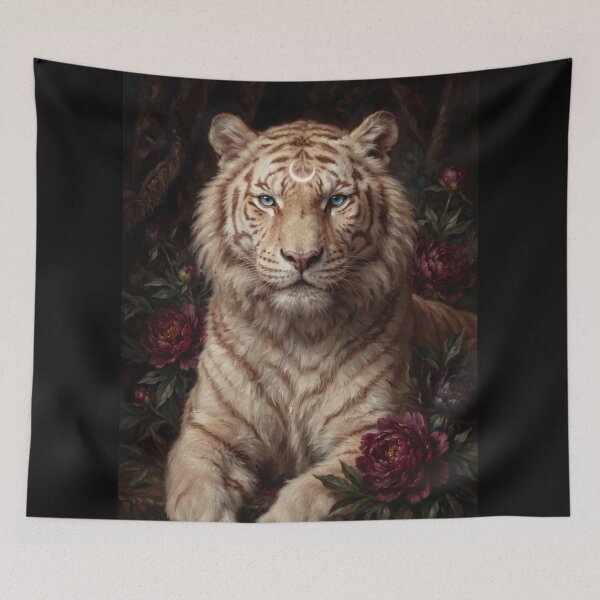 Item preview, Oil painting of a tiger and dark peonies designed and sold by Real Beast Art.