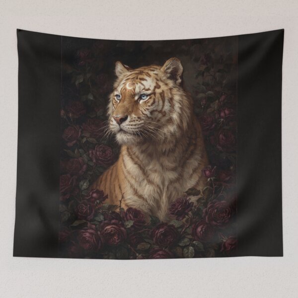 Item preview, Tiger painting and dark peonies designed and sold by Real Beast Art.