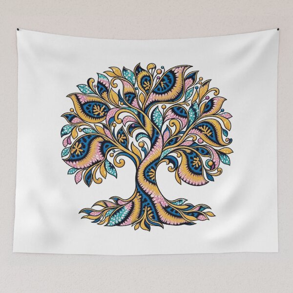 Item preview, Vintage Paisley Tree of Life – Blue, Gold & Pink Boho Folk Art designed and sold by Awarrie.