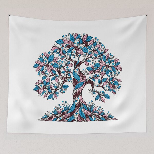 Item preview, Blue & Pink Floral Tree of Life – Vintage Boho Folk Art designed and sold by Awarrie.