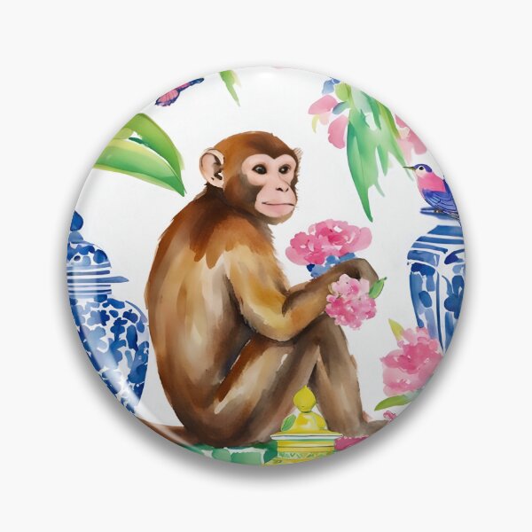 Item preview, Monkey chatting to jay in preppy chinoiserie garden designed and sold by SophieClimaArt.