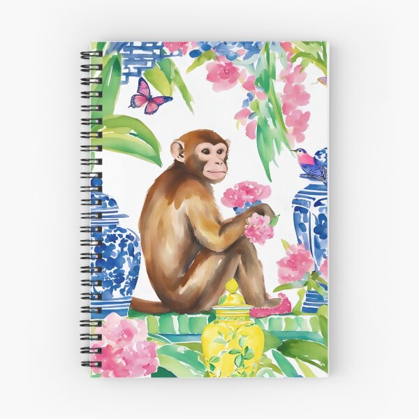 Item preview, Monkey chatting to jay in preppy chinoiserie garden designed and sold by SophieClimaArt.
