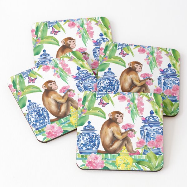 Item preview, Monkey chatting to jay in preppy chinoiserie garden designed and sold by SophieClimaArt.