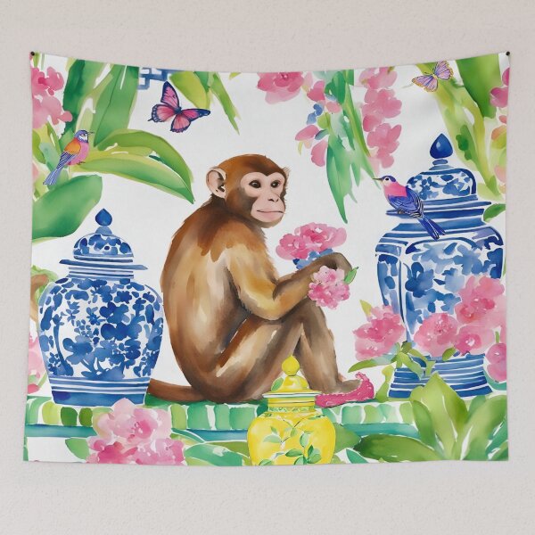 Item preview, Monkey chatting to jay in preppy chinoiserie garden designed and sold by SophieClimaArt.