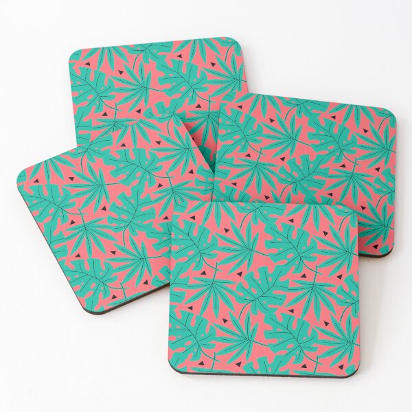 Item preview, Tropical Leaves Monstera Leaf Seamless Repeating Pattern Turquoise on Coral Red designed and sold by Itaya Art.