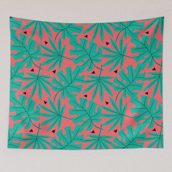 Item preview, Tropical Leaves Monstera Leaf Seamless Repeating Pattern Turquoise on Coral Red designed and sold by Itaya Art.