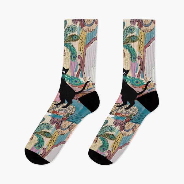 Item preview, Playful Black Cat Snatching Hat Feather Matisse Style Print designed and sold by DuckOddity.