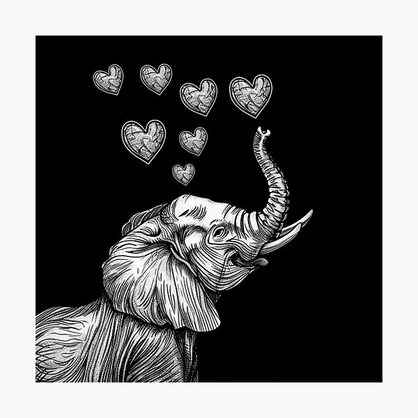 Item preview, Elephant with Hearts Cute Romantic Wildlife Black and White Art Design designed and sold by inkoutninja.