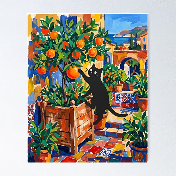 Item preview, Black Cat Reaching Ripe Orange Matisse Style Wall Art designed and sold by DuckOddity.