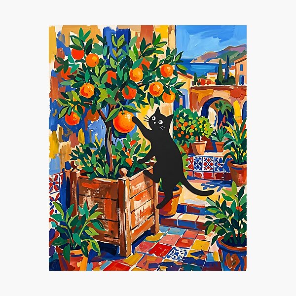 Item preview, Black Cat Reaching Ripe Orange Matisse Style Wall Art designed and sold by DuckOddity.