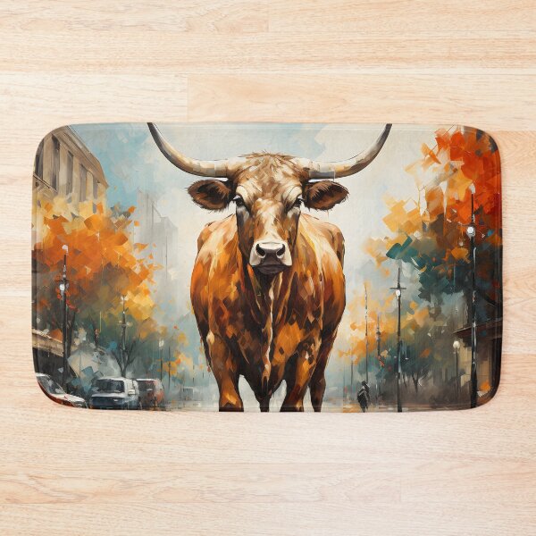 Item preview, Majestic Longhorn Bull in Autumn City Street Painting designed and sold by GutyzDesignsES.
