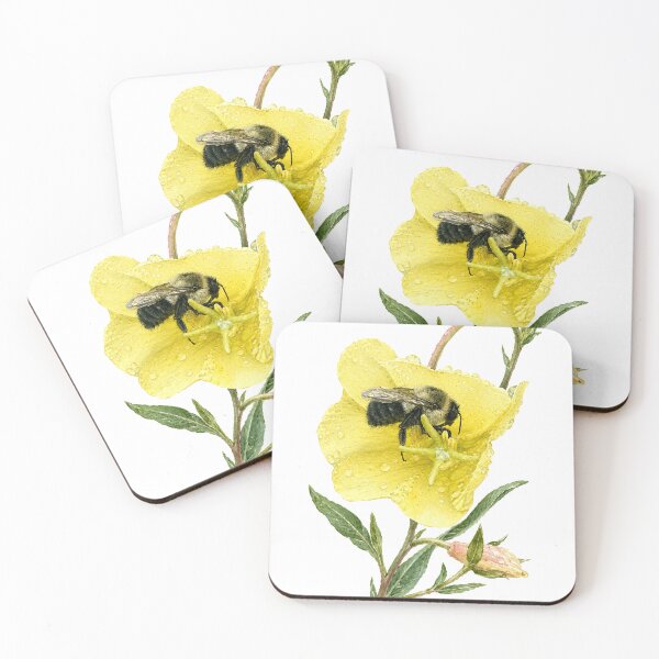 Item preview, Yellow Evening Primrose with Bumblebee Botanical Watercolor designed and sold by Shew Gallery.