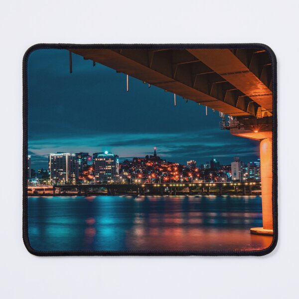 Item preview, City Skyline Beneath Glowing Bridge Pier designed and sold by Nightwindow.