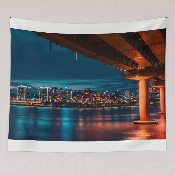 Item preview, City Skyline Beneath Glowing Bridge Pier designed and sold by Nightwindow.