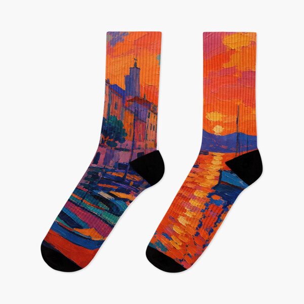 Item preview, Vibrant Mediterranean Harbor at Sunset with Colorful Boats designed and sold by GutyzDesignsES.