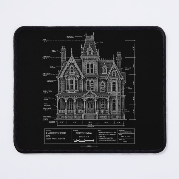 Item preview, Ravenwood House Haunted Blueprint – Gothic Victorian Architecture Art designed and sold by Stinky Lincy's Apparel Company.