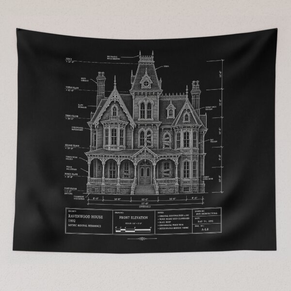 Item preview, Ravenwood House Haunted Blueprint – Gothic Victorian Architecture Art designed and sold by Stinky Lincy's Apparel Company.
