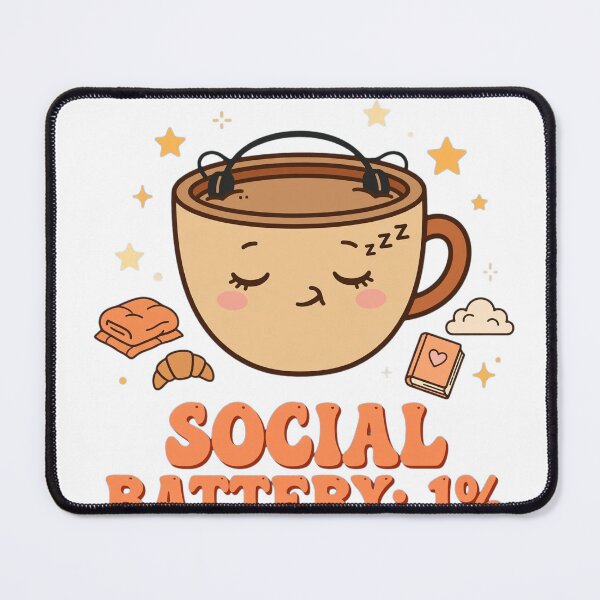 Item preview, SOCIAL BATTERY: 1% — sleepy kawaii coffee cup with tiny headphones, stars, croissant, cozy book & blanket elements, funny introvert vibe. designed and sold by Trendnextstore.