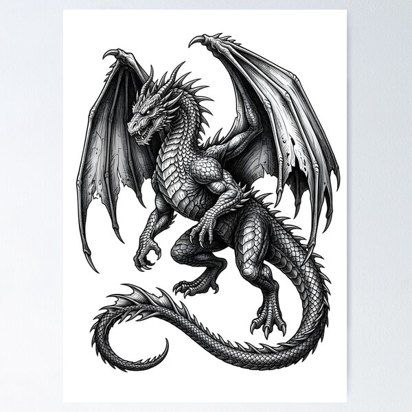 Item preview, Epic Winged Dragon – Medieval Fantasy Engraving designed and sold by DragonSerpent Ink.