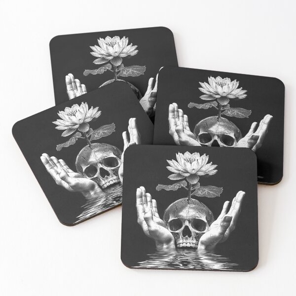 Item preview, Skull with Lotus Flower and Hands Memento Mori Rebirth Art Design designed and sold by inkoutninja.
