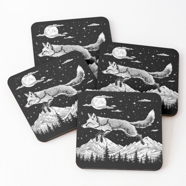 Item preview, Running Fox Under Full Moon Mountain Wilderness Black and White Art designed and sold by inkoutninja.