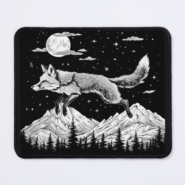 Item preview, Running Fox Under Full Moon Mountain Wilderness Black and White Art designed and sold by inkoutninja.