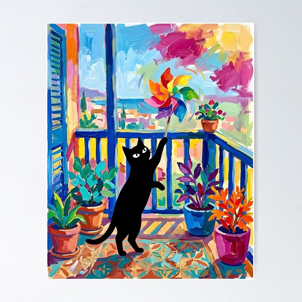Item preview, Playful Black Cat Swatting Pinwheel Matisse Style Print designed and sold by DuckOddity.