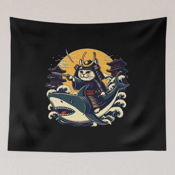 Item preview, Samurai Cat Riding Shark Funny Animal Art designed and sold by Kozeyah1989.
