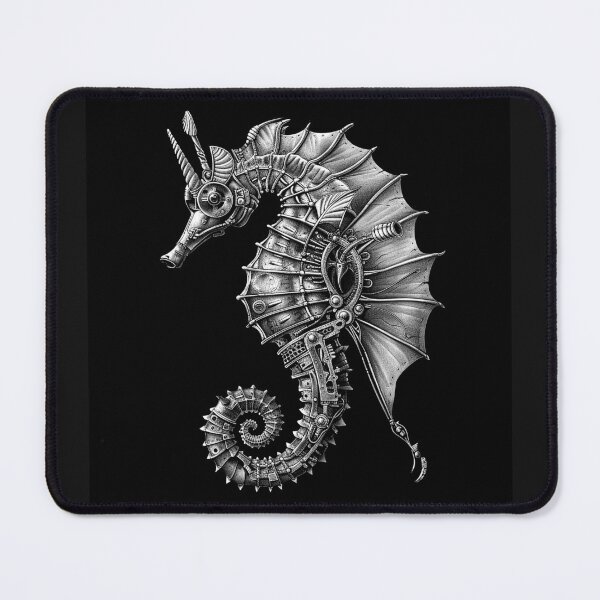 Item preview, Steampunk Seahorse Mechanical Ocean Creature Black and White Art Design designed and sold by inkoutninja.