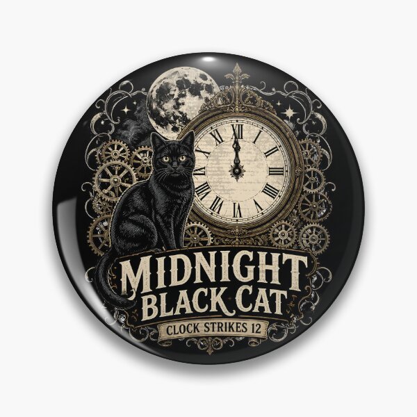 Item preview, Midnight Black Cat Clock Strikes 12 Vintage Engraving designed and sold by BernoNickel.