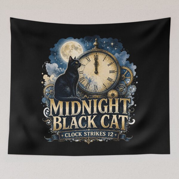 Item preview, Midnight Black Cat Clock Strikes 12 Watercolor Fantasy designed and sold by BernoNickel.