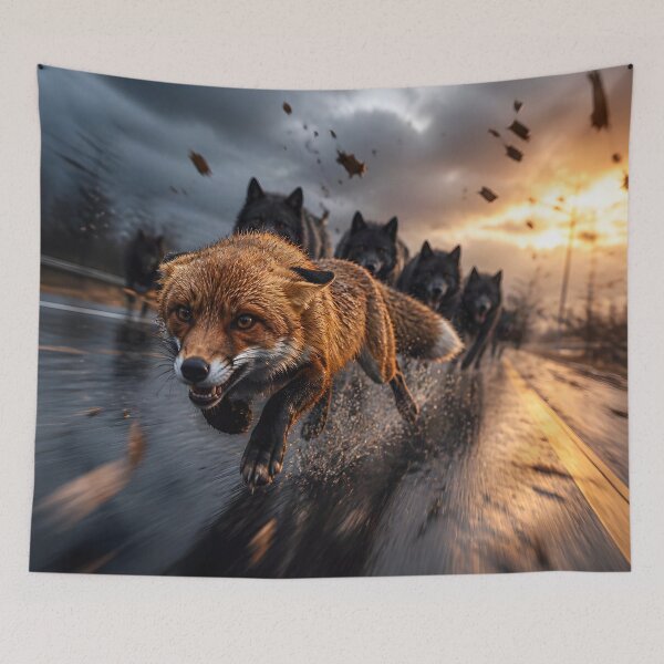 Item preview, Run for Survival – Red Fox Escaping the Wolf Pack designed and sold by DreamyWallVibes.