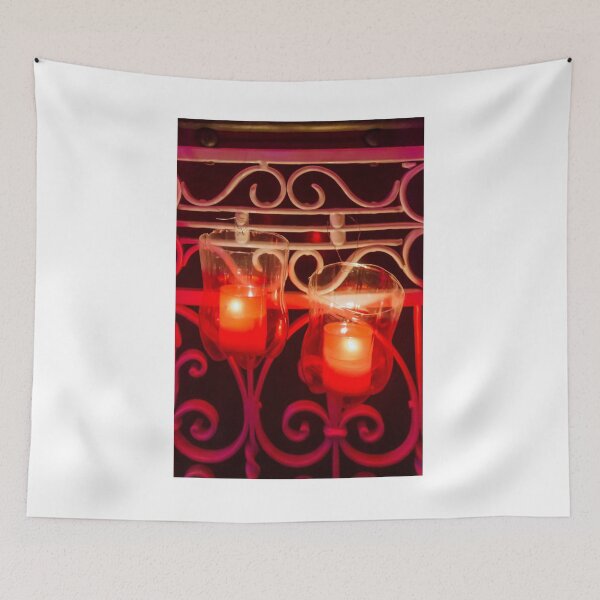 Item preview, Romantic Red Glass Candle Holders On An Ornate Iron Railing Create Warm Ambient Glow designed and sold by Nmallia.