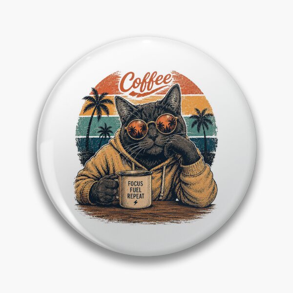 Item preview, Coffee Cat with Sunglasses and Vintage Palm Trees designed and sold by victorstudioart.