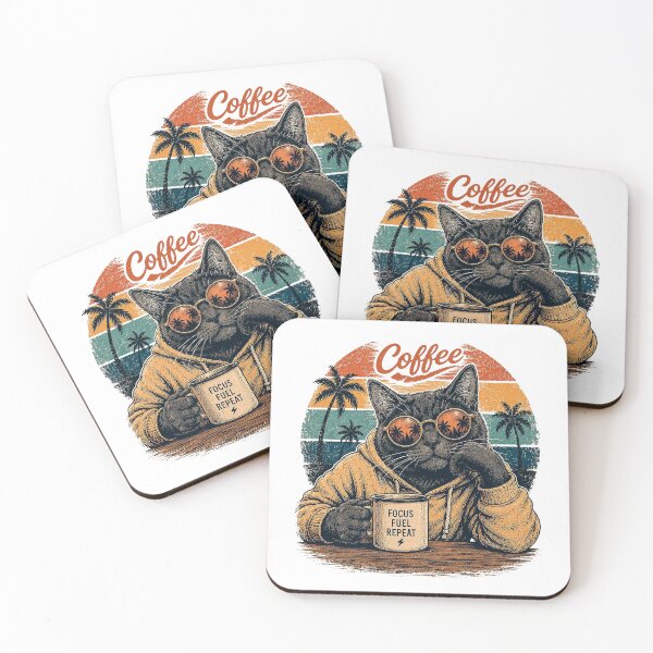 Item preview, Coffee Cat with Sunglasses and Vintage Palm Trees designed and sold by victorstudioart.