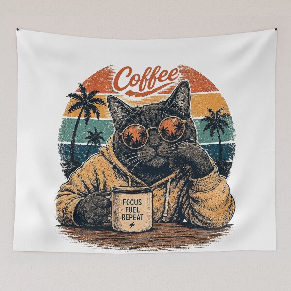 Item preview, Coffee Cat with Sunglasses and Vintage Palm Trees designed and sold by victorstudioart.